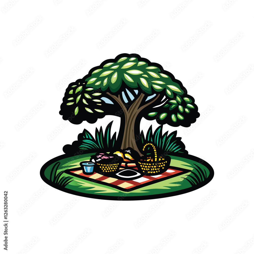 Poster create an editable stroke vector graphic of a cheerful picnic scene under a shady tree, featuring a 