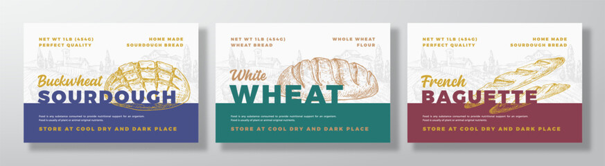 Bread Vector Packaging Design Label Backgrounds Set. Bakery Food Product Banner, Hand Drawn Wheat Loaf, Baguette, Sourdough Sketch Silhouette Color Paper Banner Layouts Isolated
