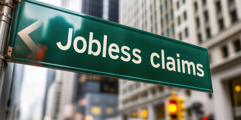 Jobless claims street sign in city setting, indicating economic issues