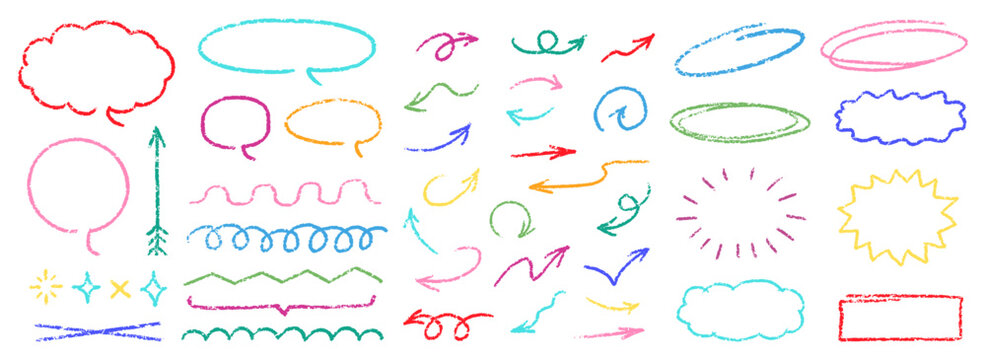 Cute Crayon Pencil Emphasis Squiggles Vector Set. Chalk Scribble Graffiti Arrows Frames Speech Bubbles Underlines. Hand Drawn Brush Texture Star Shapes Highlights. Pencil Childish Charcoal Doodles