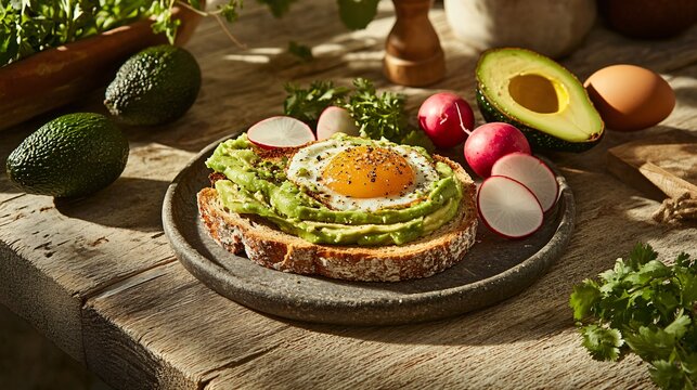 A rustic food composition with avocado toast on a stoneware plate, surrounded by whole avocados, radishes, and a cracked egg, placed on a wooden surface