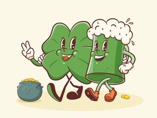 Saint Patrick Day Groovy Beer Tankard and Shamrock Retro Characters. Cartoon Green Ale Mug with Clover Trefoil. Vector Irish Spring Holiday Mascot Template. Happy Vintage Illustration. Isolated