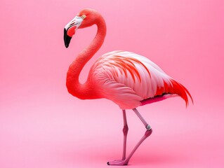 Fototapeta premium Pink flamingo standing on pink background.