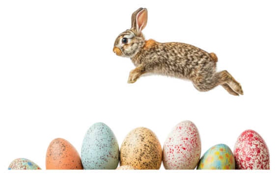 Rabbit leaping over colorful easter eggs in bright spring field isolated on transparent background