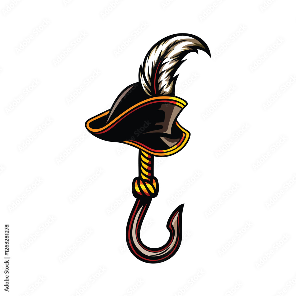 Poster create a clean, editable vector graphic of a pirate's hook and tricorn hat, suitable for digital des