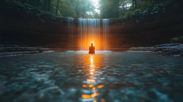 Serene waterfall meditation; forest backdrop; inner peace