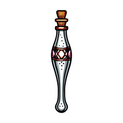 Create a clean, editable vector illustration of a potion bottle with a prominent 'C' symbol on the label.  Include detailed bottle and label design.