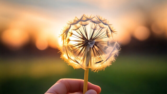 A delicate dandelion bud with pappi at sunset.