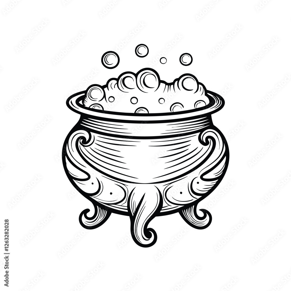 Poster create a vibrant, editable stroke vector graphic of a bubbling potion cauldron, emphasizing whimsica