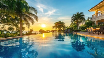 Luxury Villa Sunset Poolside Paradise: Ocean View Infinity Pool at Golden Hour