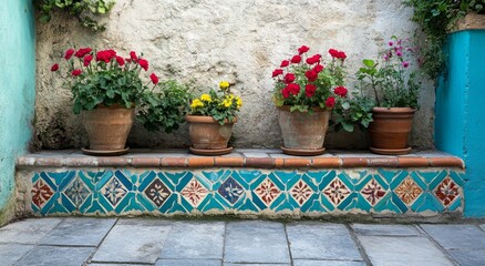 Naklejka premium Abstract Terracotta Tile Design in Different Colors and Shapes with Vases and Flowers