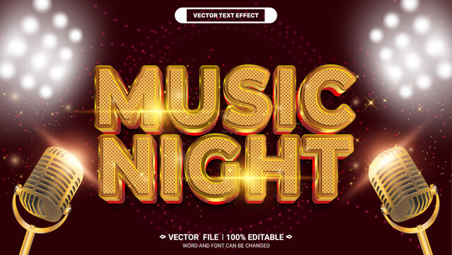 Music night gold elegant style 3d editable vector text effect with microphone vector 