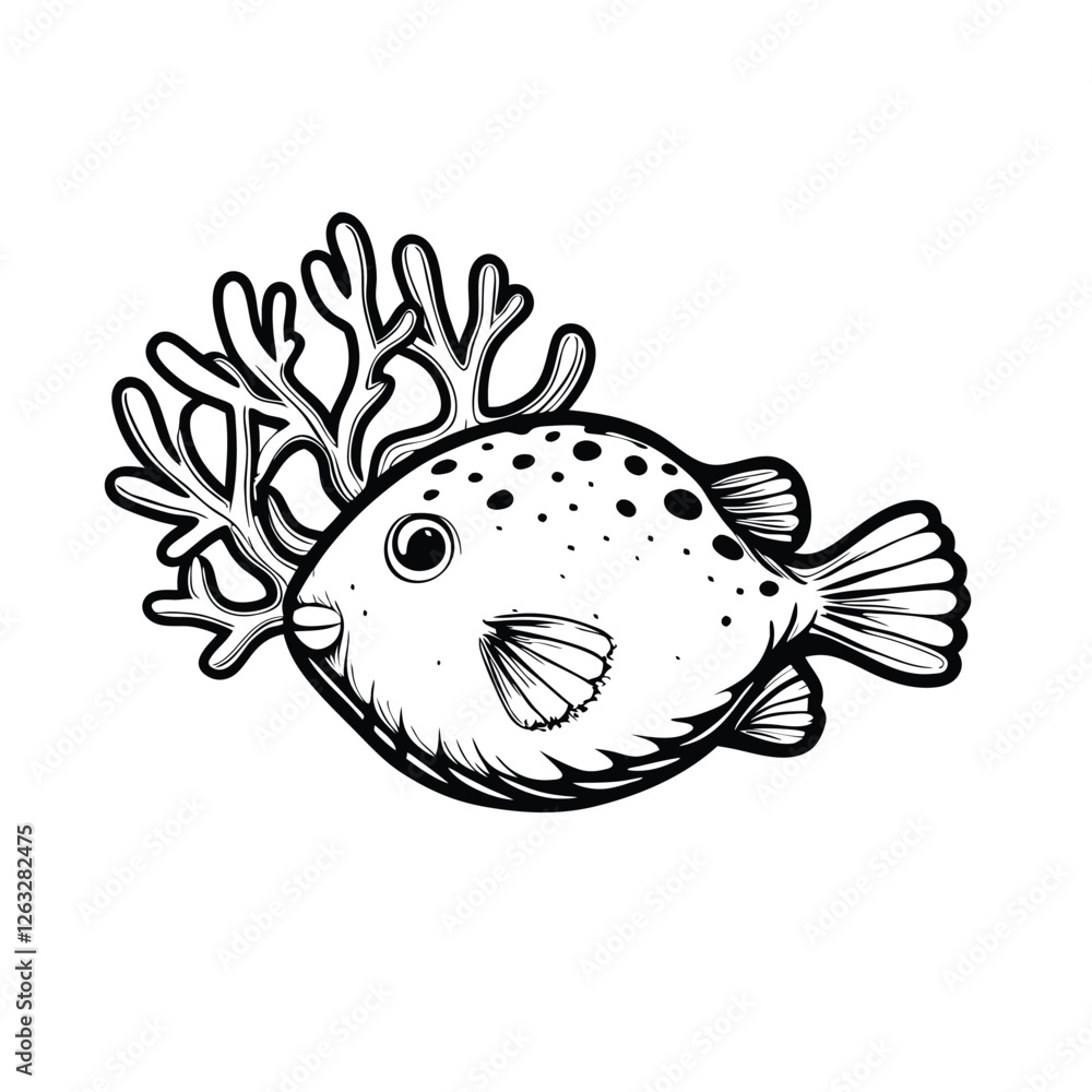 Poster create a scalable vector graphic of a pufferfish swimming, featuring an editable stroke for easy cus
