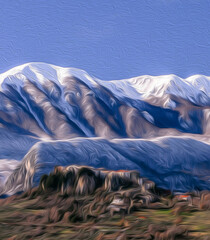 Winter panorama of the mainarde of Molise, oil painting, Molise Italy