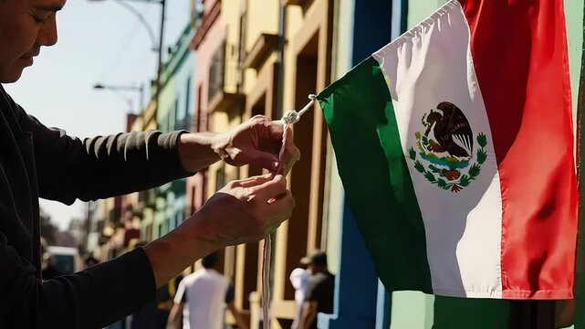 Man hanging mexican flags outdoors in a festive urban setting
