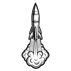 Obraz premium Editable stroke vector illustration of a powerful rocket launching into space, fiery exhaust trail visible.