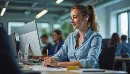 Worker with a cochlear implant focused on tasks in a busy office environment under fluorescent lighting