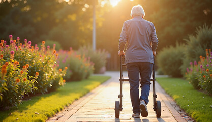 Person using a walker leisurely strolling through a sunny garden in a park setting