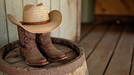 Rustic cowboy hat and boots on a barrel old western scene country style indoor close-up heritage vibes