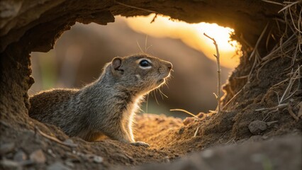 Alert squirrel with a hopeful expression exploring its burrow
