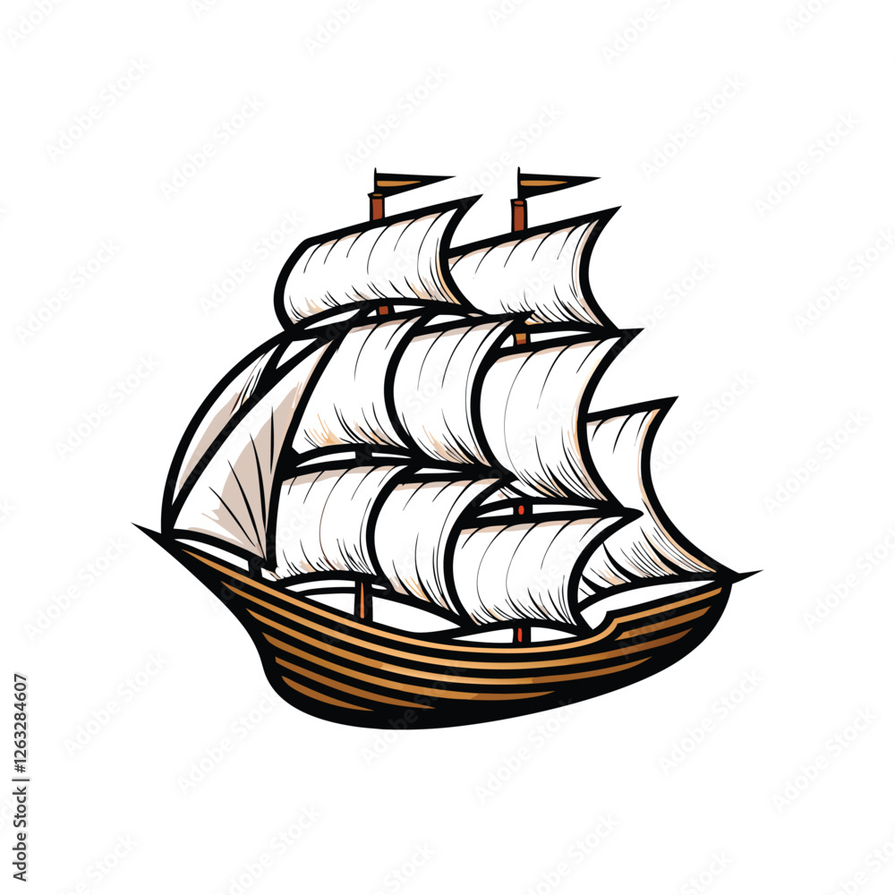Poster create a detailed vector illustration of a classic sailing ship, featuring editable strokes for easy