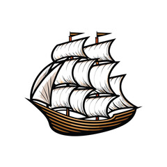 Create a detailed vector illustration of a classic sailing ship, featuring editable strokes for easy customization.  Include intricate rigging and realistic sails.