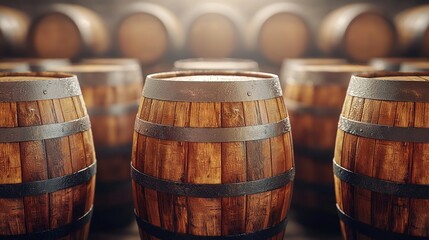 Close-up of dusty bourbon whiskey barrels aging in a rustic kentucky distillery
