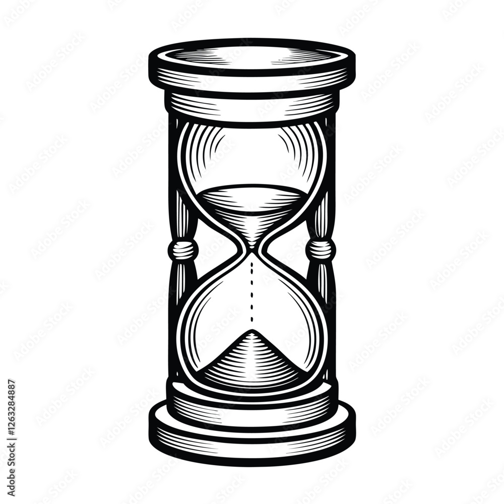Poster create an editable stroke vector graphic of a classic sand timer, showing sand flowing from the top 