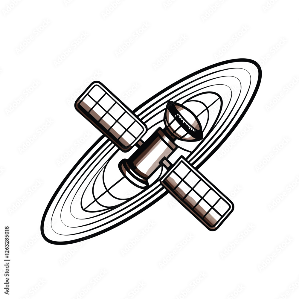 Poster create a clean, editable vector illustration of a satellite orbiting a detailed earth globe. include