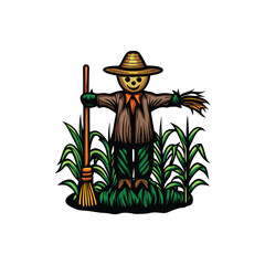 Editable vector illustration of a friendly scarecrow standing in a cornfield, perfect for autumnal designs.