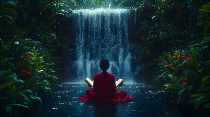Woman meditates by waterfall, reading book, lush jungle backdrop; peaceful retreat imagery