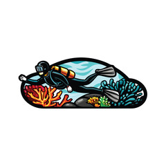 Create a detailed, editable stroke vector illustration of a scuba diver exploring vibrant coral reef, showcasing diverse marine life.