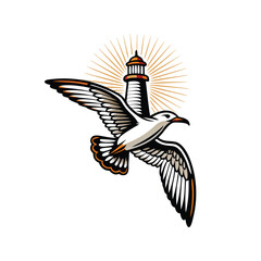 Create an editable stroke vector illustration of a seagull in flight, soaring above a dynamic ocean wave.  High-quality, detailed, and clean lines.