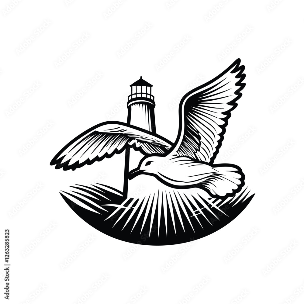 Poster create an editable stroke vector graphic of a seagull in flight over a serene coastal landscape. inc