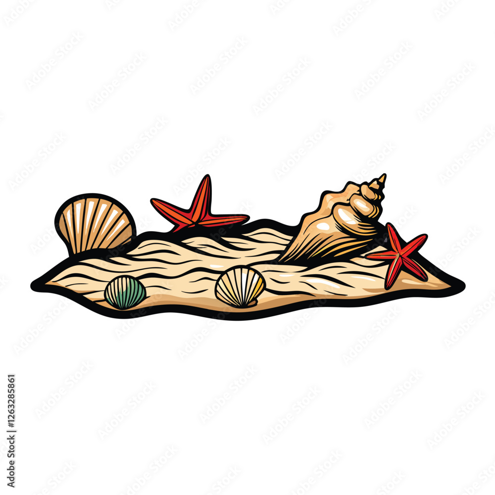 Poster create a detailed vector illustration of a diverse seashell collection, featuring various shapes, si