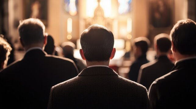Men attending a religious service in a church