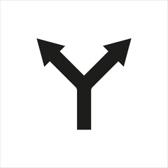 Split arrow symbol. Two-way direction icon. Black vector shape. Path decision concept. EPS 10.