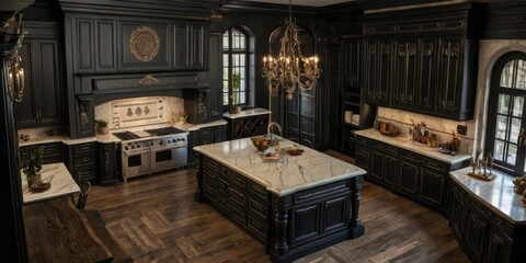 Fototapeta premium Elegant Dark Kitchen With Marble Island And Chandelier