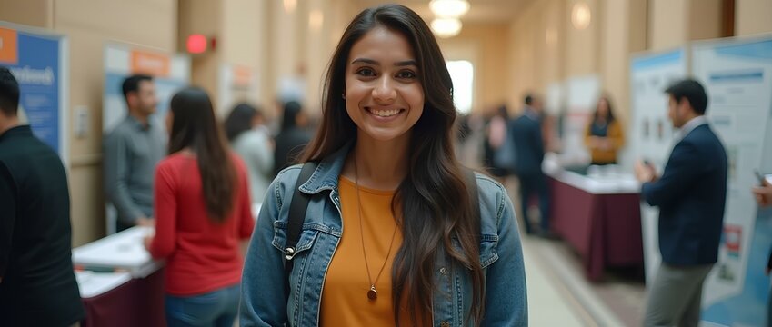 An Indian student girl attending a career fair or networking event at a university, with booths and professionals in the background. Scholar college academic graduate or AI business culture conference