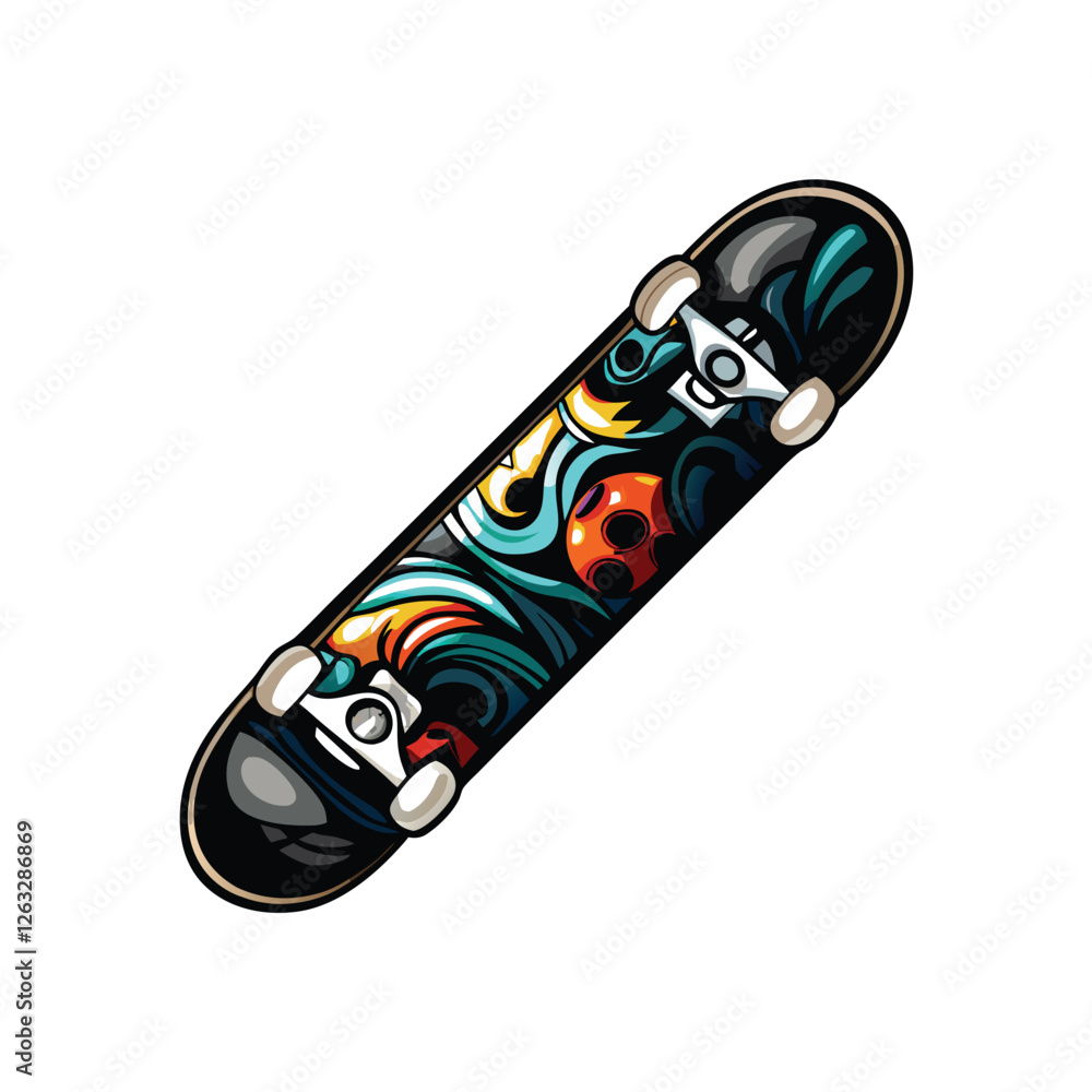 Poster create a vector illustration of a skateboard with graffiti art, featuring editable strokes for easy 
