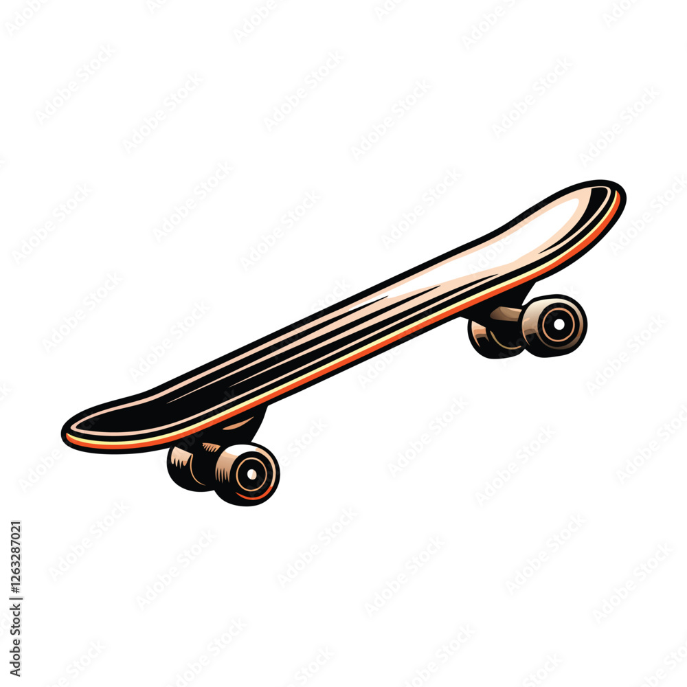 Poster create a clean, editable stroke vector illustration of a realistic skateboard with clearly defined w