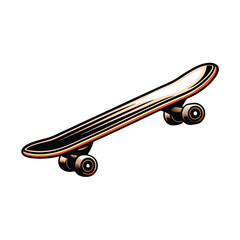 Create a clean, editable stroke vector illustration of a realistic skateboard with clearly defined wheels.  Include details like trucks and grip tape.