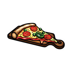 Create a vector graphic of a single slice of pizza with an editable stroke, suitable for logos or illustrations.  Include realistic details.