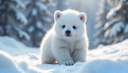 Cute cartoon polar bear, happy and playful, in a snowy winter landscape