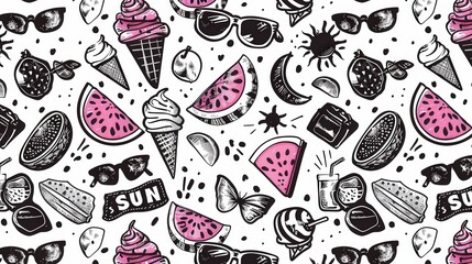 Fun Seamless Pattern Featuring Summer Icons Like Ice Cream, Watermelon, and Sunglasses in a Vibrant Travel Theme. Generative AI