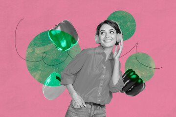 3D collage poster template trend artwork sketch of young lady dance smile listen music headphones...