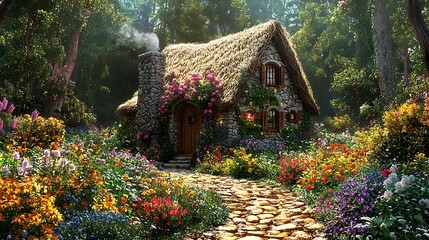 Fairytale Cottage nestled in a vibrant flower garden.
