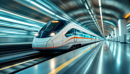 High-speed train in motion at a modern station with dynamic motion blur.