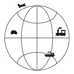 Transport globe icon. Airplane car train ship. Global transportation symbol. Vector travel illustration. EPS 10.