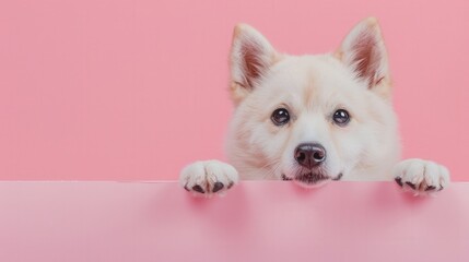 Fototapeta premium Happy Sitchu Inu Puppy Dog Playfully Peeking Over a Pink Banner Against a Pastel Pink Background. Generative AI